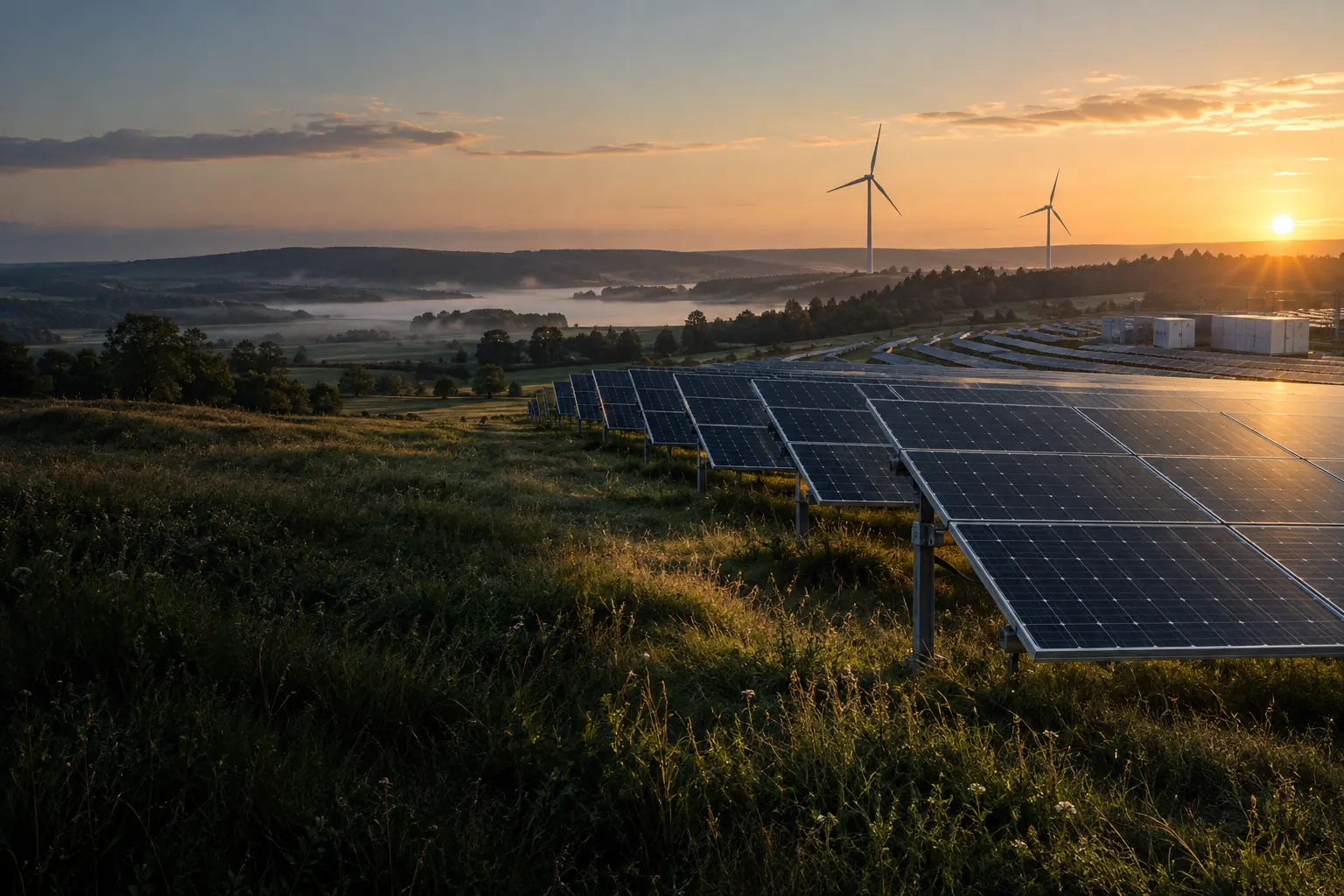Illustration eines Solarparks mit Windenergieanlagen und Batteriespeichern